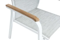 Clearance Garten-Essgruppe mit 6 Stapelstühlen, weiß/hellgrau, Alu/Textilene, Ausziehtisch mit Glasplatte 180/240 x 100 cm Garten-Essgruppen|Aluminium-Gartenmöbel