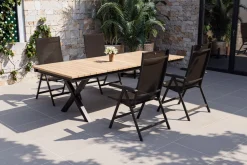 Best Garten-Essgruppe mit LED-Beleuchtung, anthrazit/natur, Aluminium/Holzimitat/Textilene, 240 x 100 cm Tisch, 4 Klappstühle Garten-Essgruppen|Aluminium-Gartenmöbel