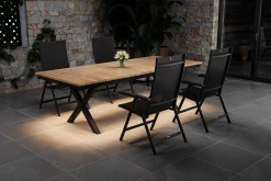 Best Garten-Essgruppe mit LED-Beleuchtung, anthrazit/natur, Aluminium/Holzimitat/Textilene, 240 x 100 cm Tisch, 4 Klappstühle Garten-Essgruppen|Aluminium-Gartenmöbel