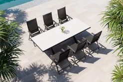 Best Garten-Essgruppe mit 6 Klappstühlen, schwarz/grau/anthrazit, Aluminium/Steinimitat/Textilene, 200/260 x 100 cm Garten-Essgruppen