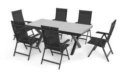 Best Garten-Essgruppe mit 6 Klappstühlen, schwarz/grau/anthrazit, Aluminium/Steinimitat/Textilene, 200/260 x 100 cm Garten-Essgruppen