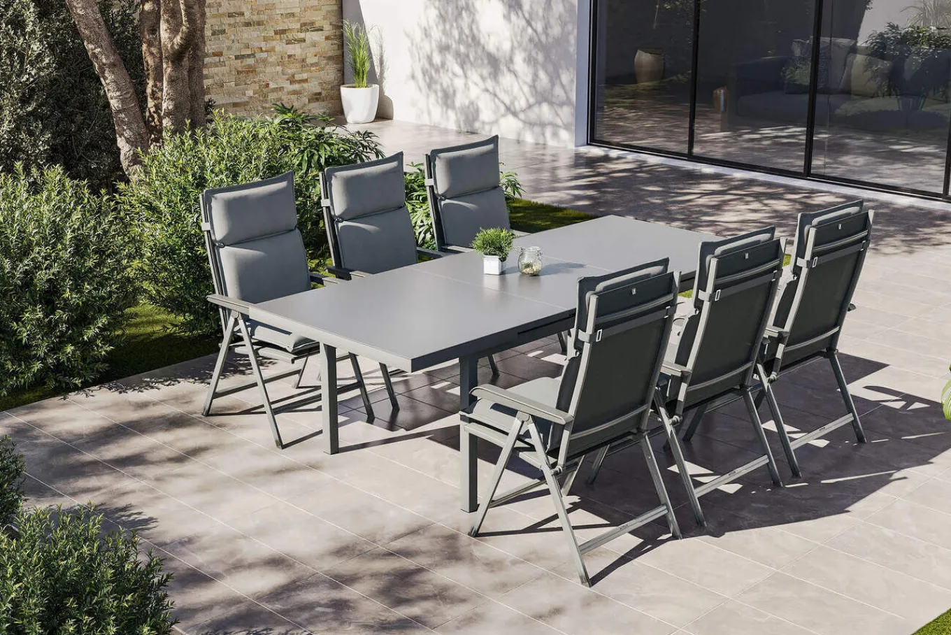 Best KETTLER Garten-Essgruppe, silber/anthrazit, Alu/Textilene, Tisch 180/240 x 100 cm, 6 Klappstühle, inkl. Auflagen Garten-Essgruppen