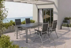 New Garten-Essgruppe, silber/anthrazit, Kettalux-Plus Dining-Tisch 160x95cm, 4 Klappstühle BasicPlus Garten-Essgruppen|Aluminium-Gartenmöbel