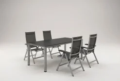 New Garten-Essgruppe, silber/anthrazit, Kettalux-Plus Dining-Tisch 160x95cm, 4 Klappstühle BasicPlus Garten-Essgruppen|Aluminium-Gartenmöbel