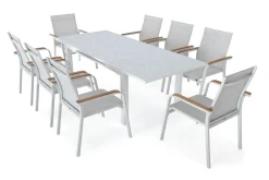 Discount Garten-Essgruppe, weiß/hellgrau, Alu/Teak/Glas, Ausziehtisch 180 x 240 x 100 cm, 8 Stapelsessel Garten-Essgruppen|Aluminium-Gartenmöbel