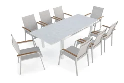 Discount Garten-Essgruppe, weiß/hellgrau, Alu/Teak/Glas, Ausziehtisch 180 x 240 x 100 cm, 8 Stapelsessel Garten-Essgruppen|Aluminium-Gartenmöbel