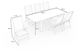Hot Garten-Essgruppe, weiß matt/hellgrau, Aluminium/Teak/Outdoorgewebe, Ausziehtisch 180/240 x 100 cm, 6x Klappstuhl Garten-Essgruppen|Aluminium-Gartenmöbel