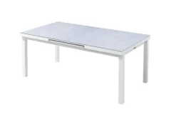 Hot Garten-Essgruppe, weiß matt/hellgrau, Aluminium/Teak/Outdoorgewebe, Ausziehtisch 180/240 x 100 cm, 6x Klappstuhl Garten-Essgruppen|Aluminium-Gartenmöbel