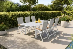 Hot Garten-Essgruppe, weiß matt/hellgrau, Aluminium/Teak/Outdoorgewebe, Ausziehtisch 180/240 x 100 cm, 6x Klappstuhl Garten-Essgruppen|Aluminium-Gartenmöbel