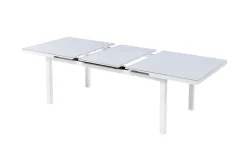 Hot Garten-Essgruppe, weiß matt/hellgrau, Aluminium/Teak/Outdoorgewebe, Ausziehtisch 180/240 x 100 cm, 6x Klappstuhl Garten-Essgruppen|Aluminium-Gartenmöbel