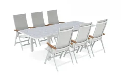 Hot Garten-Essgruppe, weiß matt/hellgrau, Aluminium/Teak/Outdoorgewebe, Ausziehtisch 180/240 x 100 cm, 6x Klappstuhl Garten-Essgruppen|Aluminium-Gartenmöbel