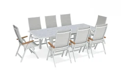 Sale Garten-Essgruppe, weiß matt/hellgrau, Alu/Textilene, Ausziehtisch 180/240 x 100 cm, 8x Klappstuhl Garten-Essgruppen|Aluminium-Gartenmöbel