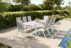 Sale Garten-Essgruppe, weiß matt/hellgrau, Alu/Textilene, Ausziehtisch 180/240 x 100 cm, 8x Klappstuhl Garten-Essgruppen|Aluminium-Gartenmöbel