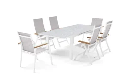 Discount Garten-Essgruppe, weiß/hellgrau, Aluminium/Glas/Teak, Ausziehtisch 180 x 240 cm, 4 Klappstühle, 2 Stapelstühle Garten-Essgruppen|Aluminium-Gartenmöbel