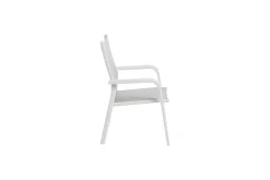 New Garten-Essgruppe, weiß matt/hellgrau, Aluminium/Outdoorgewebe/Glas, Ausziehbar, 180/240 x 100 cm Tisch, 4 Klappstühle, 2 Stapelstühle Garten-Essgruppen|Aluminium-Gartenmöbel