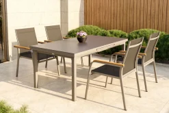 Sale Granada 4er-Set Stapelsessel, silber/anthrazit, mit Teakholz-Armlehnen, 0301205-0100 Aluminium-Gartenmöbel|Gartenstühle & Gartensessel