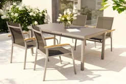 Sale Granada 4er-Set Stapelsessel, silber/anthrazit, mit Teakholz-Armlehnen, 0301205-0100 Aluminium-Gartenmöbel|Gartenstühle & Gartensessel