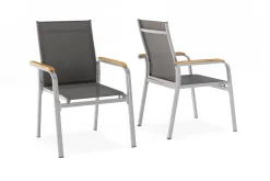Sale Granada 6er-Set Stapelsessel, silber/anthrazit, mit Teakholz-Armlehnen, 0301205-0100 Gartenstühle & Gartensessel