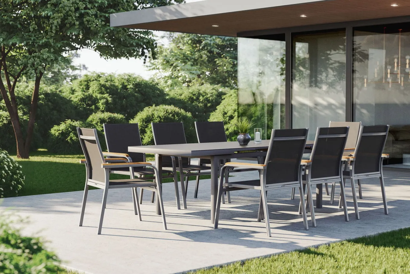 Sale Granada Garten-Essgruppe, 8 Personen, ausziehbarer Tisch 180–240 cm, Aluminium/Textilene, Teak FSC®-zertifiziert Garten-Essgruppen