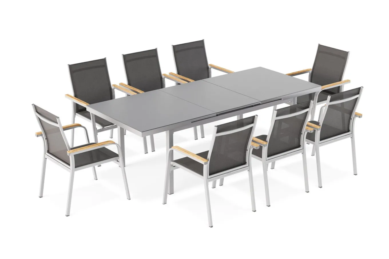 Sale Granada Garten-Essgruppe, 8 Personen, ausziehbarer Tisch 180–240 cm, Aluminium/Textilene, Teak FSC®-zertifiziert Garten-Essgruppen