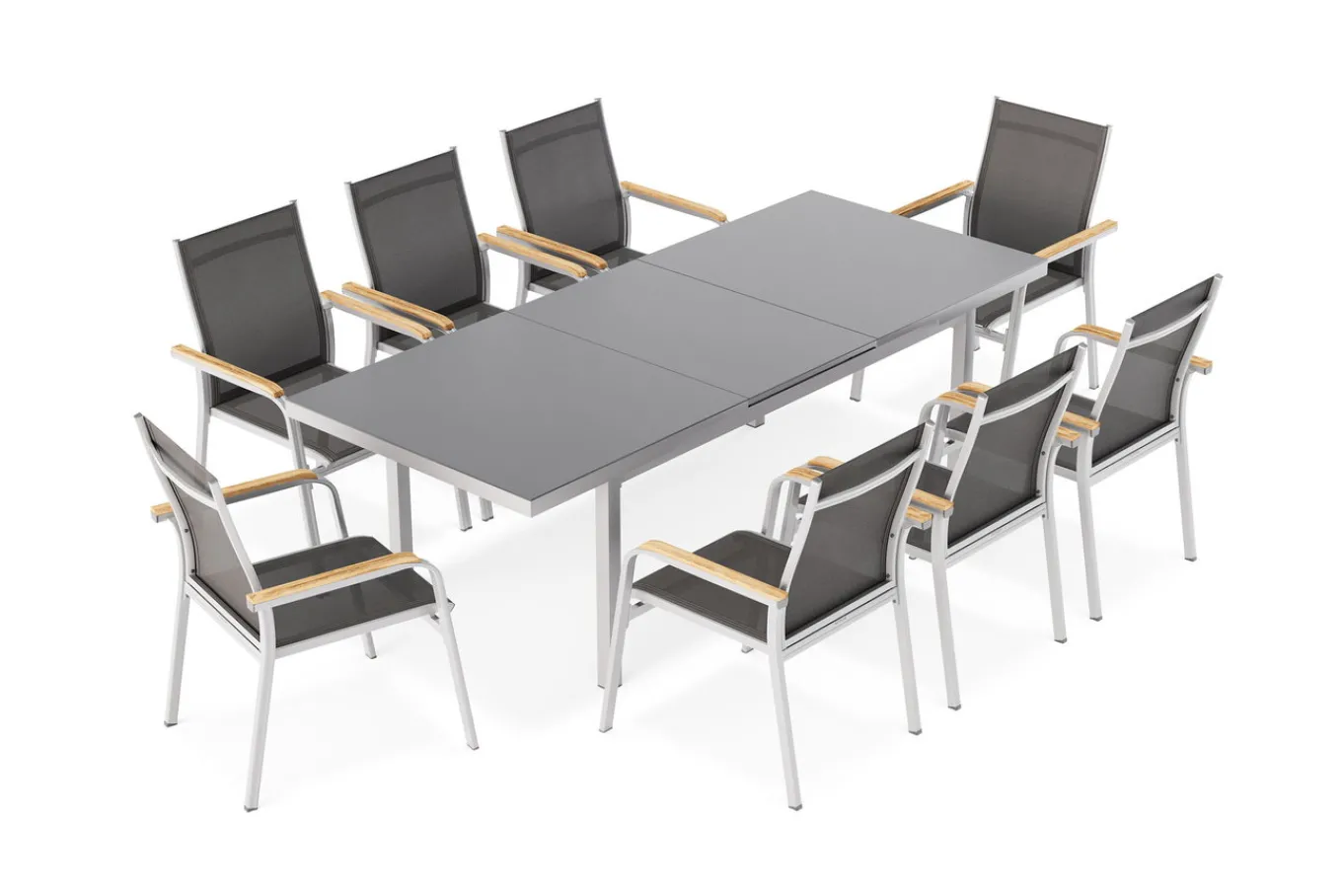 Sale Granada Garten-Essgruppe, 8 Personen, ausziehbarer Tisch 180–240 cm, Aluminium/Textilene, Teak FSC®-zertifiziert Garten-Essgruppen