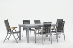 Granada Garten-Essgruppe, silber, Alu/Textilene, Tisch 180/240x100cm, 4 Stapel-, 2 Klappstühle Garten-Essgruppen