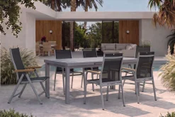 Granada Garten-Essgruppe, silber, Alu/Textilene, Tisch 180/240x100cm, 4 Stapel-, 2 Klappstühle Garten-Essgruppen