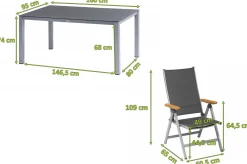 Online Granada Garten-Essgruppe, silber/anthrazit, Alu/Spraystone/Textil, 160 x 95 cm, 6 Klappstühle Garten-Essgruppen