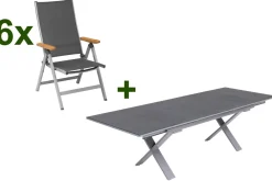 Discount Granada Garten-Essgruppe, silber / anthrazit, Alu / Spraystone / Teak, Tisch 180/280x100cm, 6 Klappstühle Garten-Essgruppen|Aluminium-Gartenmöbel