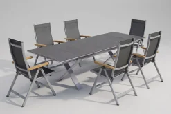 Discount Granada Garten-Essgruppe, silber / anthrazit, Alu / Spraystone / Teak, Tisch 180/280x100cm, 6 Klappstühle Garten-Essgruppen|Aluminium-Gartenmöbel