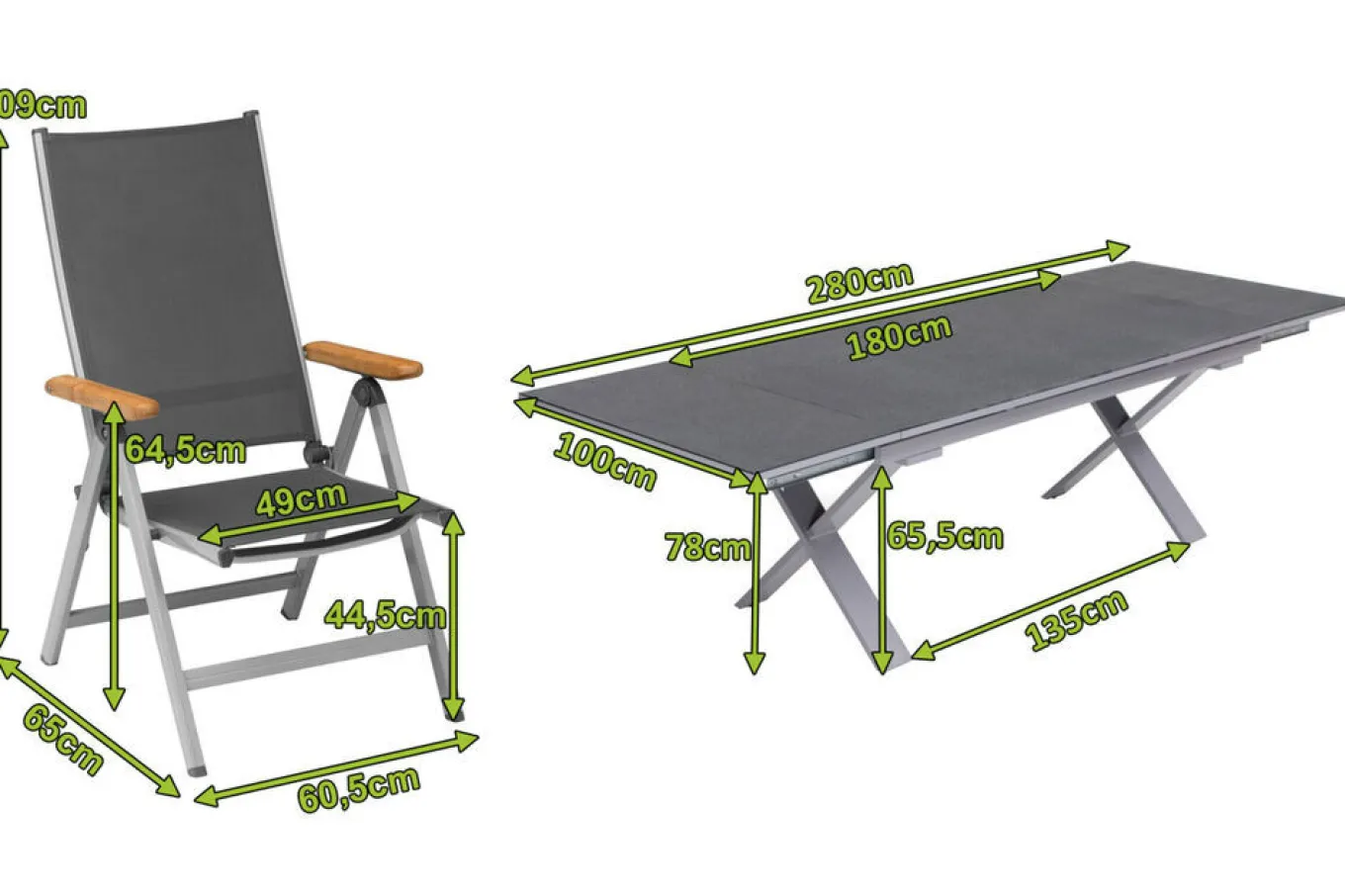 Discount Granada Garten-Essgruppe, silber / anthrazit, Alu / Spraystone / Teak, Tisch 180/280x100cm, 6 Klappstühle Garten-Essgruppen|Aluminium-Gartenmöbel