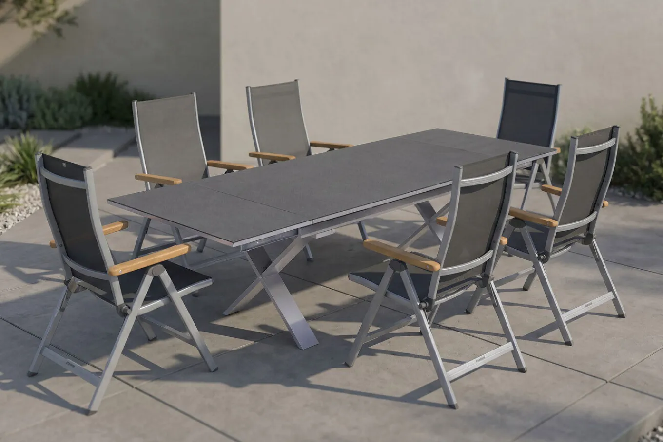 Discount Granada Garten-Essgruppe, silber / anthrazit, Alu / Spraystone / Teak, Tisch 180/280x100cm, 6 Klappstühle Garten-Essgruppen|Aluminium-Gartenmöbel