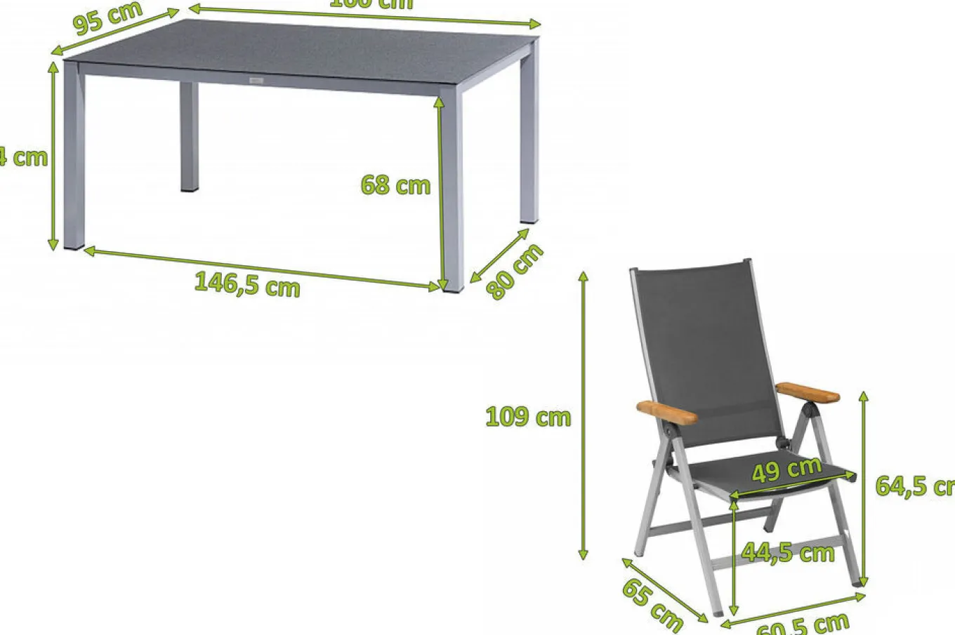 Clearance Granada Garten-Essgruppe, silber/anthrazit, Alu/Spraystone/Textil, 160 x 95 cm, 4 Klappstühle Garten-Essgruppen|Aluminium-Gartenmöbel