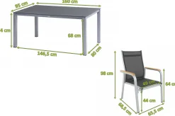 Sale Granada Garten-Essgruppe, silber/anthrazit, Alu/Spraystone/Textil, 160x95 cm, 6 Stapelsessel Garten-Essgruppen|Aluminium-Gartenmöbel