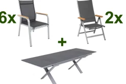 Clearance Granada Garten-Essgruppe, silber / anthrazit, Alu / Spraystone / Teak, Tisch 180/280 x 100 cm, 6 Stapelsessel, 2 Klappstühle Garten-Essgruppen