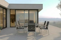 Hot Granada Garten-Essgruppe, silber / anthrazit, Alu / Spraystone / Teak, Tisch 180/280x100cm, 6 Stapelsessel Garten-Essgruppen|Aluminium-Gartenmöbel