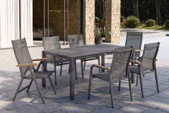 Best Granada Gartengarnitur, Anthrazit, Alu/Spraystone, Esstisch 160x95 cm, 4 Stapelsessel, 2 Klappstühle Garten-Essgruppen|Aluminium-Gartenmöbel