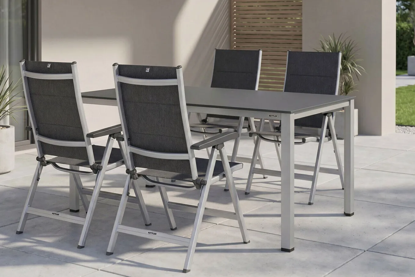 Outlet KETTALUX-PLUS/Basic Plus Padded Sitzgruppe, silber/anthrazit, Alu/Textilene, Tisch 160x95 cm,4 Klappstühle Garten-Essgruppen|Aluminium-Gartenmöbel