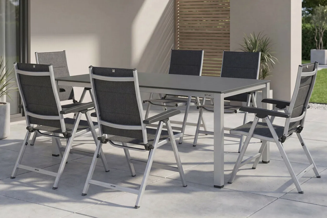 Outlet KETTALUX-PLUS/Basic Plus Padded Sitzgruppe, silber/anthrazit, Alu/Textilene, Tisch 160x95 cm, 6 Klappstühle Garten-Essgruppen|Aluminium-Gartenmöbel