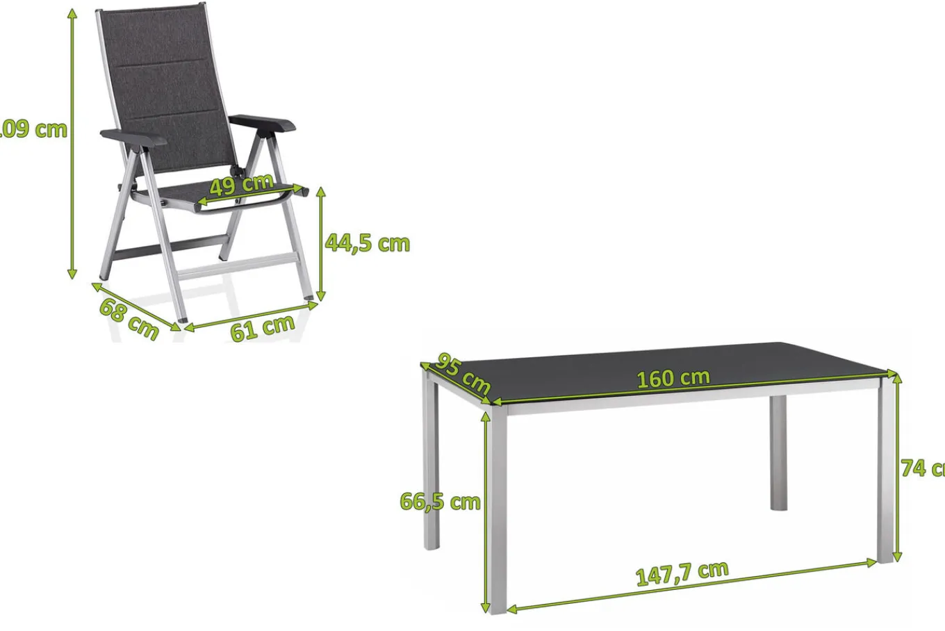 Outlet KETTALUX-PLUS/Basic Plus Padded Sitzgruppe, silber/anthrazit, Alu/Textilene, Tisch 160x95 cm, 6 Klappstühle Garten-Essgruppen|Aluminium-Gartenmöbel
