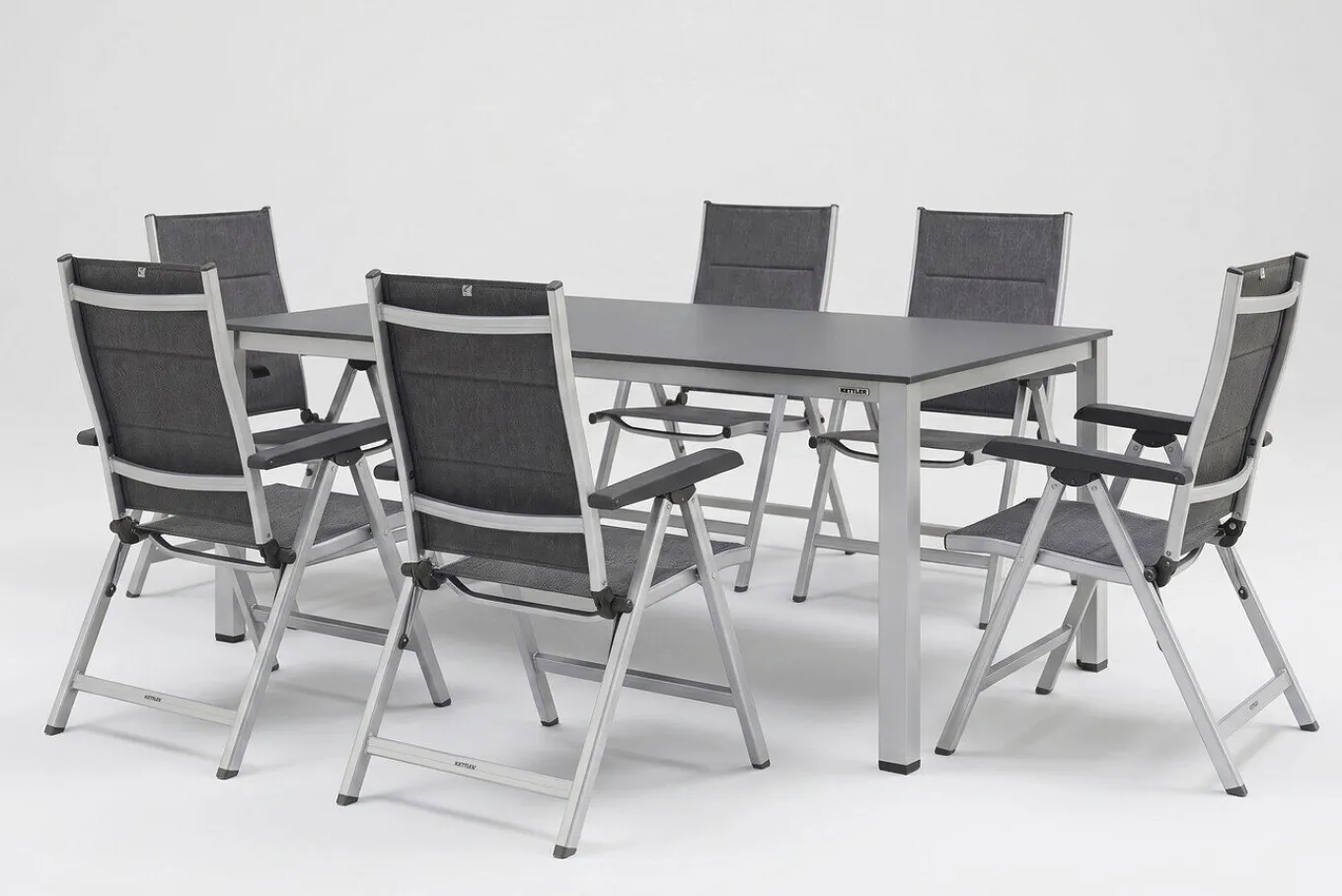 Outlet KETTALUX-PLUS/Basic Plus Padded Sitzgruppe, silber/anthrazit, Alu/Textilene, Tisch 160x95 cm, 6 Klappstühle Garten-Essgruppen|Aluminium-Gartenmöbel