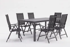 New KETTALUX-PLUS/Legato Curve Sitzgruppe, anthrazit, Alu/Textilene, Tisch 160x95 cm, 6 Klappstühle Garten-Essgruppen|Aluminium-Gartenmöbel