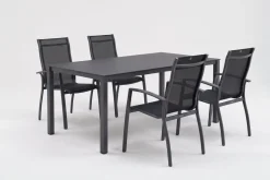 Discount KETTALUX-PLUS/Legato Curve Sitzgruppe, anthrazit, Alu/Textilene, Tisch 160x95 cm, 4 Stapelsessel, stapelbar Garten-Essgruppen|Aluminium-Gartenmöbel