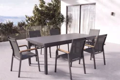 Sale Premium/Granada Garten-Essgruppe, anthrazit/grau, Alu/Glas, Ausziehtisch 180/240x100cm, 6 Stapelsessel Garten-Essgruppen|Aluminium-Gartenmöbel