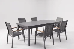 Sale Premium/Granada Garten-Essgruppe, anthrazit/grau, Alu/Glas, Ausziehtisch 180/240x100cm, 6 Stapelsessel Garten-Essgruppen|Aluminium-Gartenmöbel