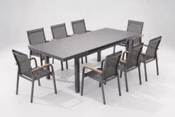 Clearance Premium/Granada Garten-Essgruppe, Anthrazit/Grau, Alu/Glas, Ausziehtisch 180/240x100cm, 8 Stapelsessel Garten-Essgruppen|Aluminium-Gartenmöbel