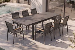 Clearance Premium/Granada Garten-Essgruppe, Anthrazit/Grau, Alu/Glas, Ausziehtisch 180/240x100cm, 8 Stapelsessel Garten-Essgruppen|Aluminium-Gartenmöbel