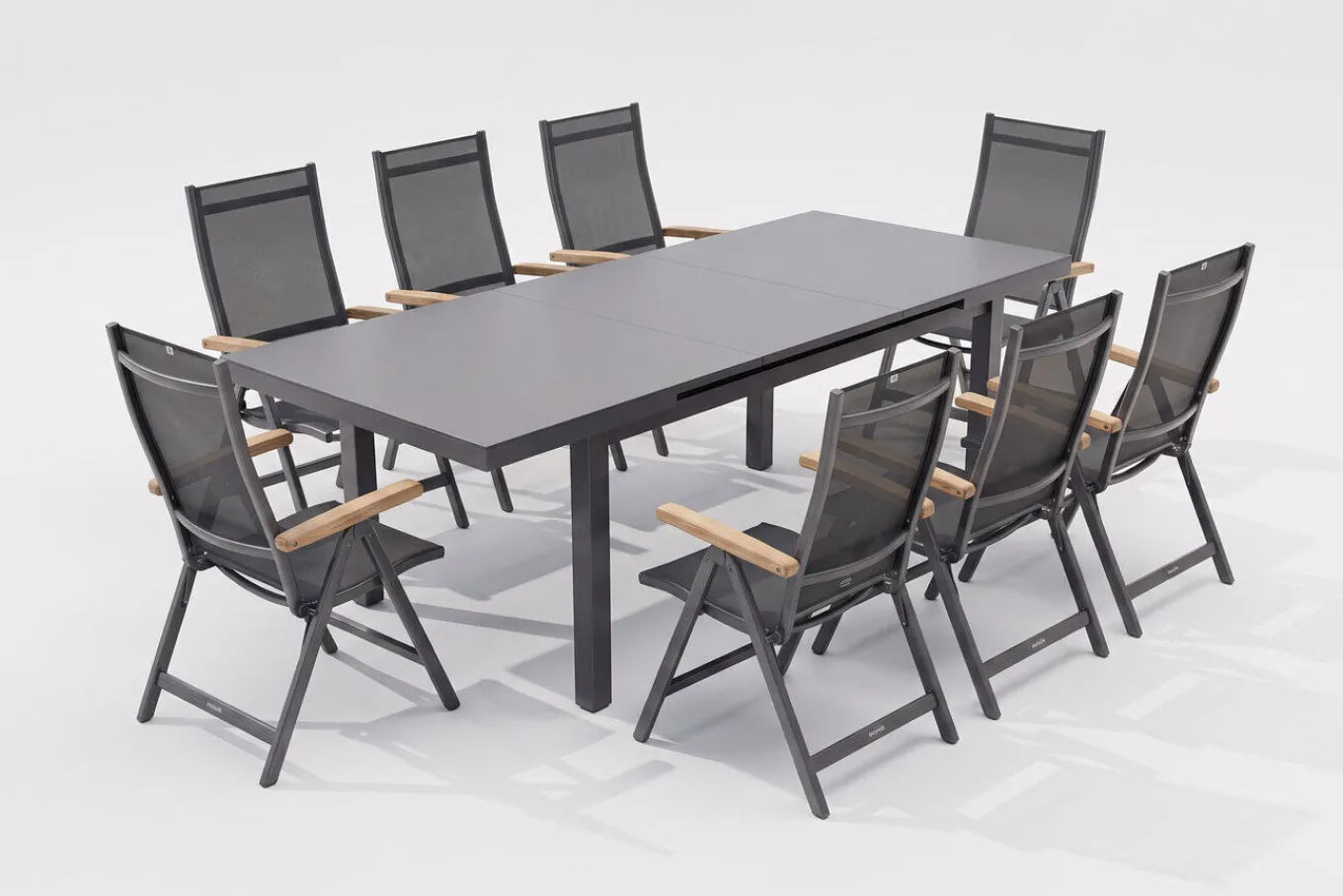Premium/Granada Garten-Essgruppe, Anthrazit/Grau, Alu/Glas, Ausziehtisch 180/240x100cm, 8 Klappstühle Garten-Essgruppen|Aluminium-Gartenmöbel