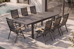 Premium/Granada Garten-Essgruppe, Anthrazit/Grau, Alu/Glas, Ausziehtisch 180/240x100cm, 8 Klappstühle Garten-Essgruppen|Aluminium-Gartenmöbel