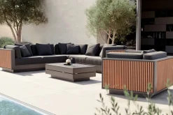 Outlet Aztec Plus Gartenlounge, natur/schwarz, Alu/Polyester/Holzimitat, pulverbeschichtet, wetterbeständig, inkl. Kissen & Polster Gartenlounge|Aluminium-Gartenmöbel